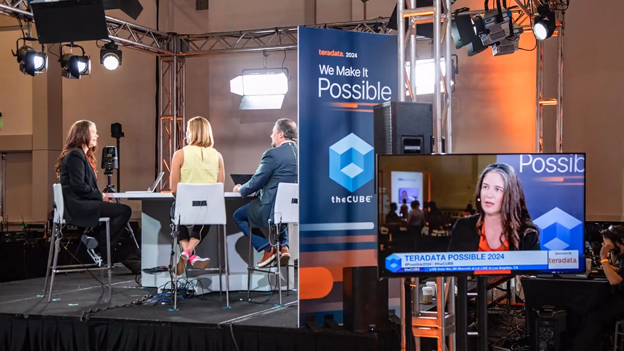 Behind-the-scenes photograph of an interview being filmed on theCUBE at Teradata's Possible event