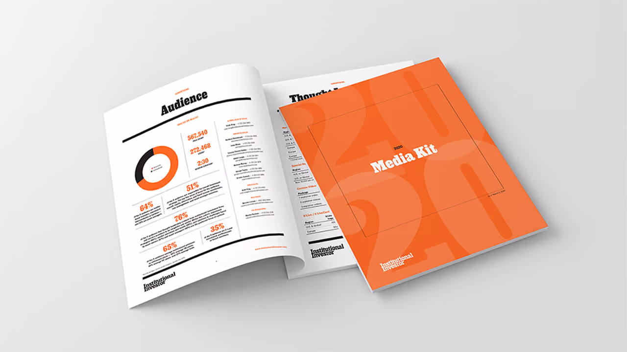 Pages from an Institutional Investor media kit demonstrating the unified visual system applied to sales and marketing materials