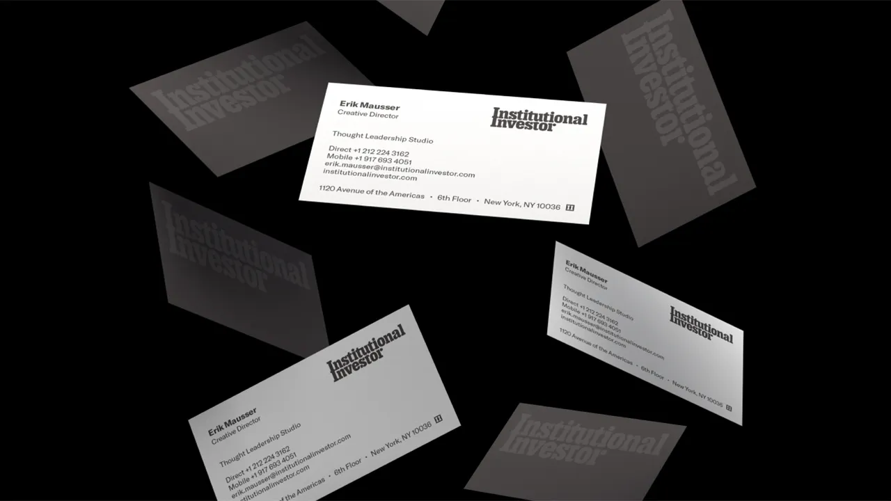 Institutional Investor business cards floating, showing front and back.