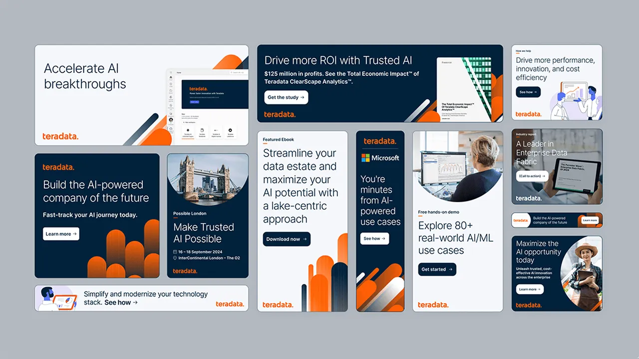 Collection of Teradata digital display advertisements in multiple sizes demonstrating consistent brand system across formats