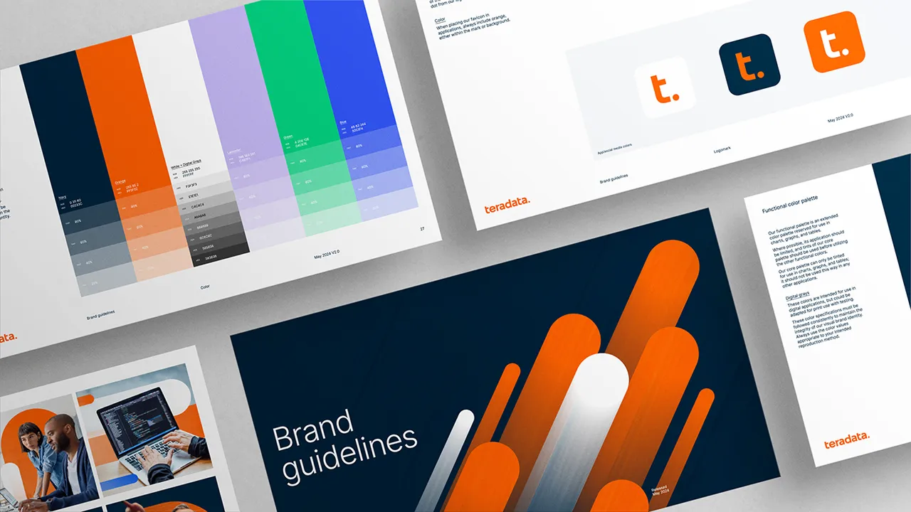 Teradata brand guidelines pages showing visual identity system including logo, color palette, and graphic styles