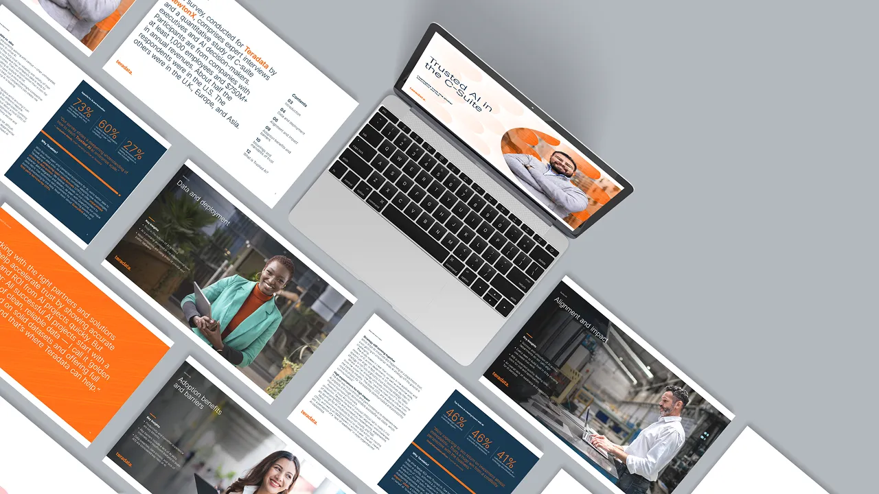 Cover and interior pages from a Teradata ebook showcasing the brand's updated typography, layout, and photo style