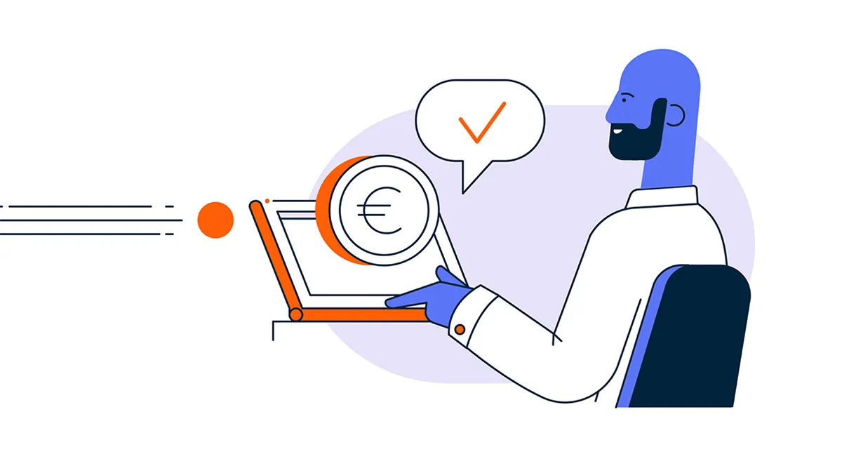 Custom Teradata brand illustration featuring a man at a laptop with the signature orange dot and Thrive shapes, demonstrating the human-centered, motion-inspired illustration system